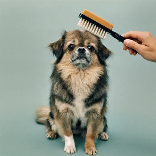 A small dog being brushed during a grooming session